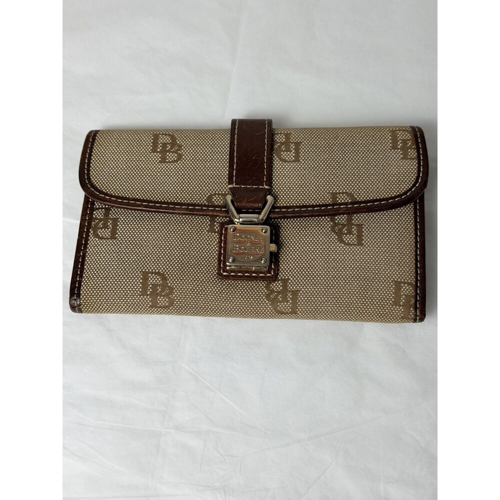 Dooney & Bourke Vintage Brown Canvas Leather Trim Bifold Wallet Gold Hardware